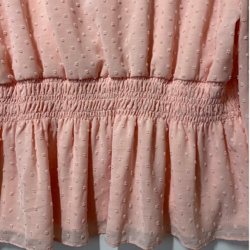 Fever Smocked Waist Long Bell-Sleeve Clip-Dot Blouse Top Pink Sz XL Cottagecore - Picture 8 of 12